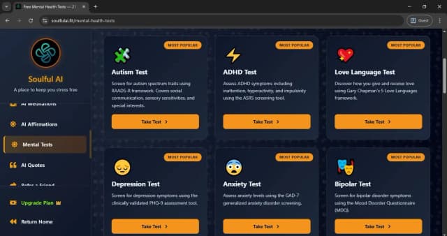 Soulful AI — 21 free mental health tests including depression, anxiety, ADHD, autism screening assessments
